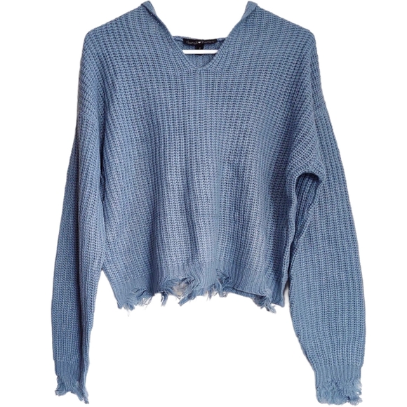 NWT Light Blue Distressed Hooded Sweater - Picture 3 of 9